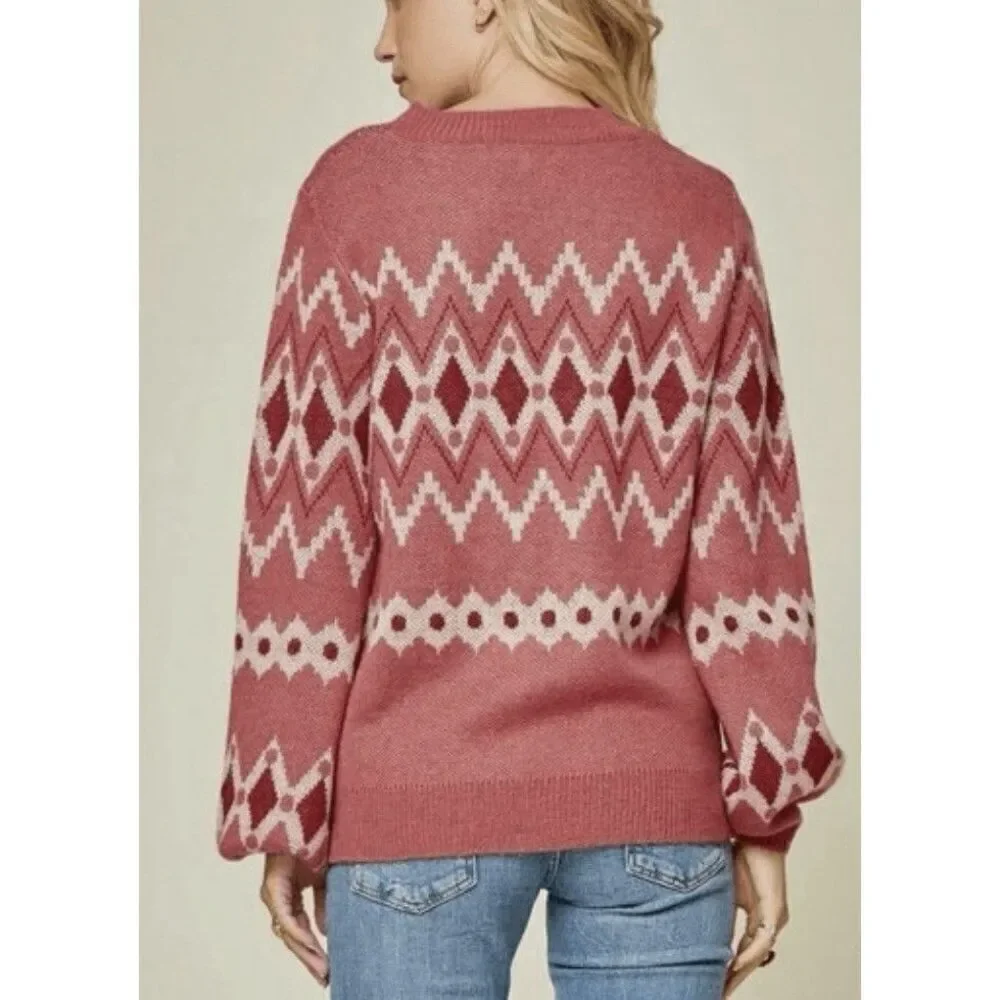 Savanna Jane Fair Isle Knit Sweater Sz 1X Balloon sleeve Pink Mauve Relaxed